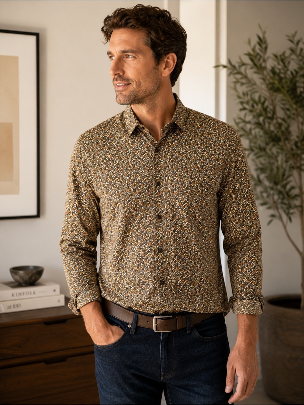 Structure Collection Men’s Slim Fit Floral Button Down M Brown Tan Long Sleeve